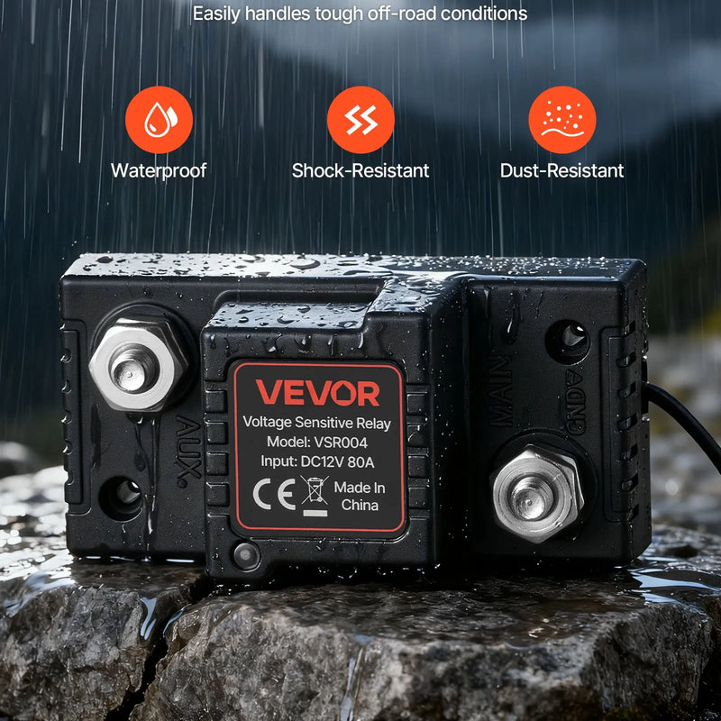 VEVOR divu akumulatoru izolatora komplekts, 12 V, 80 A, manuāls un automātisks VSR sprieguma jutīgs relejs ar voltmetru un LCD ekrānu, viedais akumulatoru izolators svina-skābes akumulatoriem, piemērots UTV un ATV transportlīdzekļiem