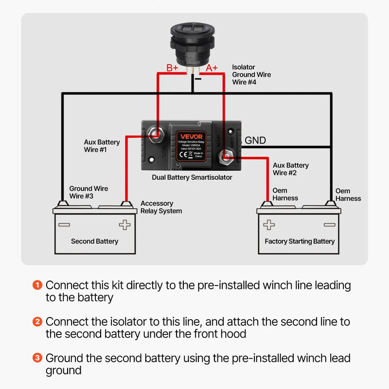 VEVOR divu akumulatoru izolatora komplekts, 12 V, 80 A, manuāls un automātisks VSR sprieguma jutīgs relejs ar voltmetru un LCD ekrānu, viedais akumulatoru izolators svina-skābes akumulatoriem, piemērots UTV un ATV transportlīdzekļiem