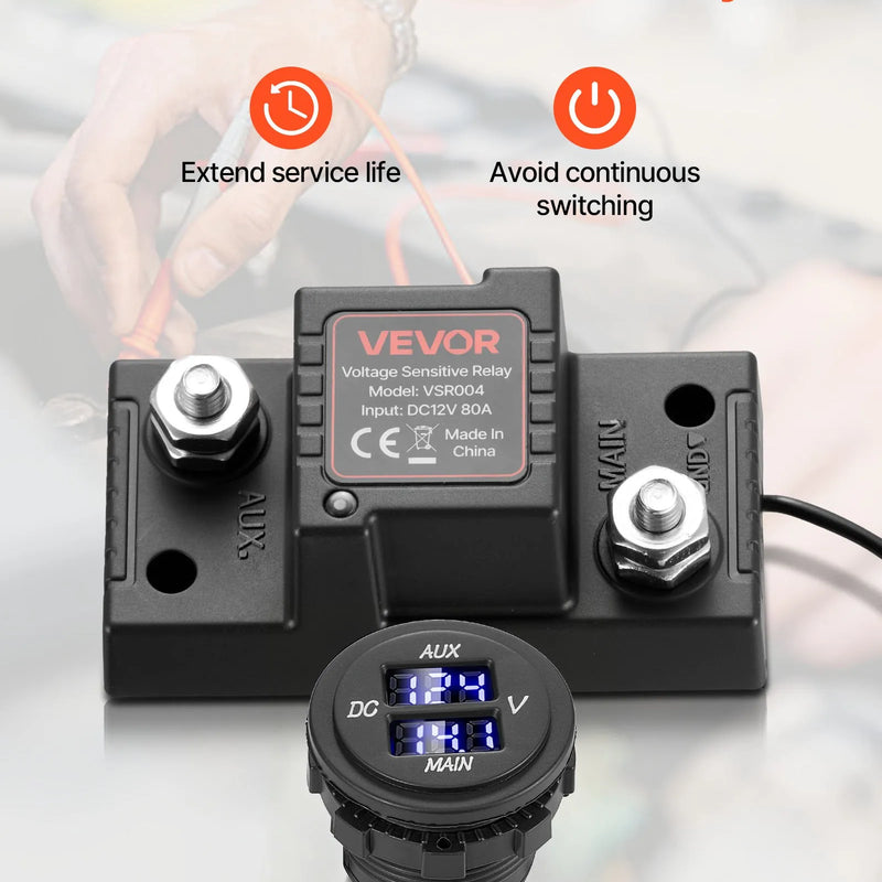 VEVOR divu akumulatoru izolatora komplekts, 12 V, 80 A, manuāls un automātisks VSR sprieguma jutīgs relejs ar voltmetru un LCD ekrānu, viedais akumulatoru izolators svina-skābes akumulatoriem, piemērots UTV un ATV transportlīdzekļiem