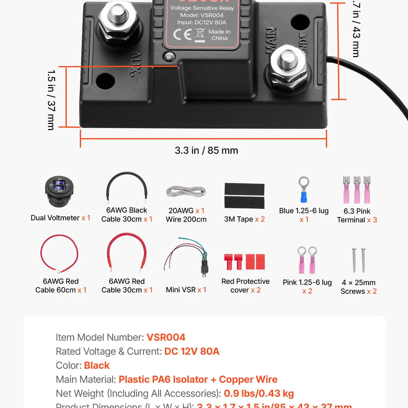 VEVOR divu akumulatoru izolatora komplekts, 12 V, 80 A, manuāls un automātisks VSR sprieguma jutīgs relejs ar voltmetru un LCD ekrānu, viedais akumulatoru izolators svina-skābes akumulatoriem, piemērots UTV un ATV transportlīdzekļiem