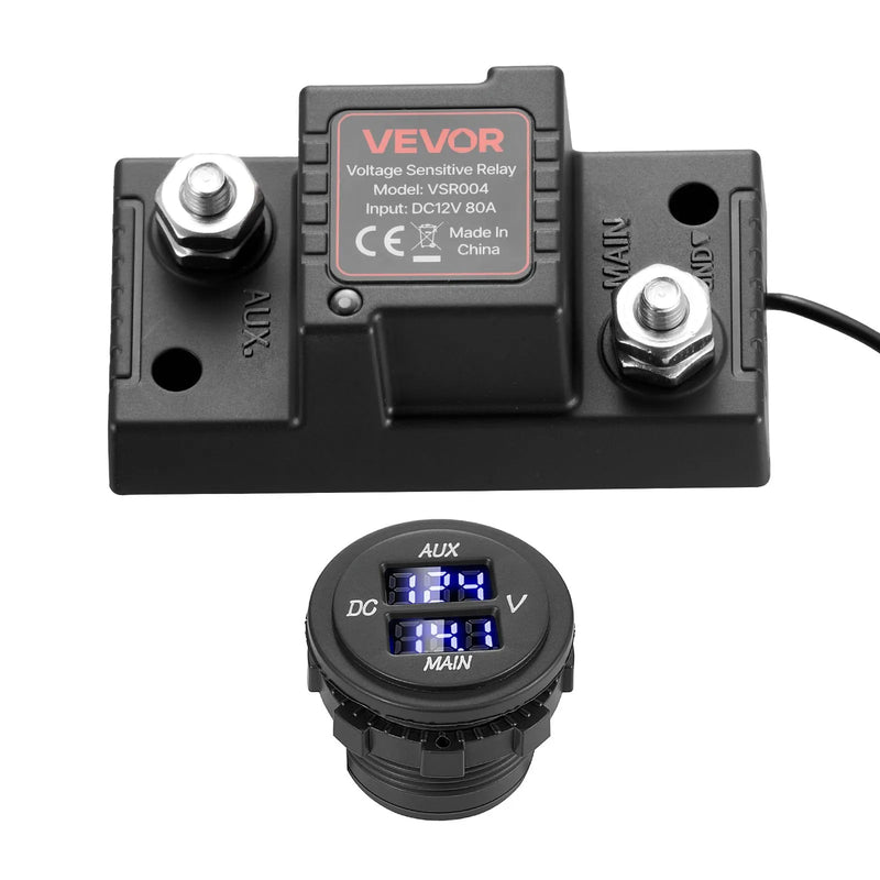 VEVOR divu akumulatoru izolatora komplekts, 12 V, 80 A, manuāls un automātisks VSR sprieguma jutīgs relejs ar voltmetru un LCD ekrānu, viedais akumulatoru izolators svina-skābes akumulatoriem, piemērots UTV un ATV transportlīdzekļiem