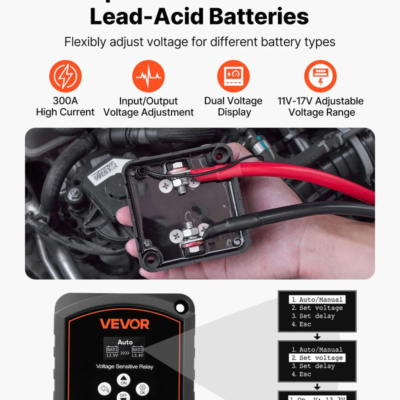 VEVOR divu akumulatoru izolatora komplekts 12 V 300 A ar manuālu un automātisku VSR sprieguma releju, voltmetru un LCD ekrānu, viedais akumulatoru izolators svina–skābes akumulatoriem UTV un ATV transportlīdzekļiem