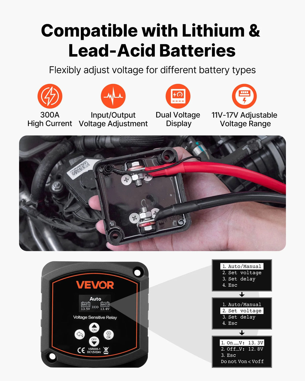 VEVOR divu akumulatoru izolatora komplekts 12 V 300 A ar manuālu un automātisku VSR sprieguma releju, voltmetru un LCD ekrānu, viedais akumulatoru izolators svina–skābes akumulatoriem UTV un ATV transportlīdzekļiem