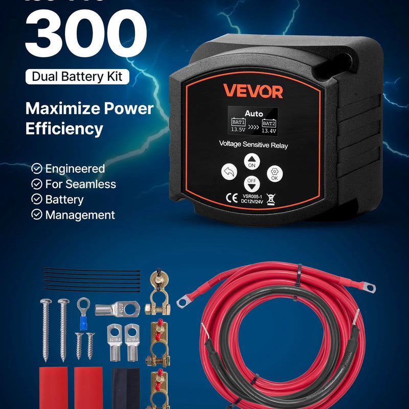 VEVOR divu akumulatoru izolatora komplekts 12 V 300 A ar manuālu un automātisku VSR sprieguma releju, voltmetru un LCD ekrānu, viedais akumulatoru izolators svina–skābes akumulatoriem UTV un ATV transportlīdzekļiem