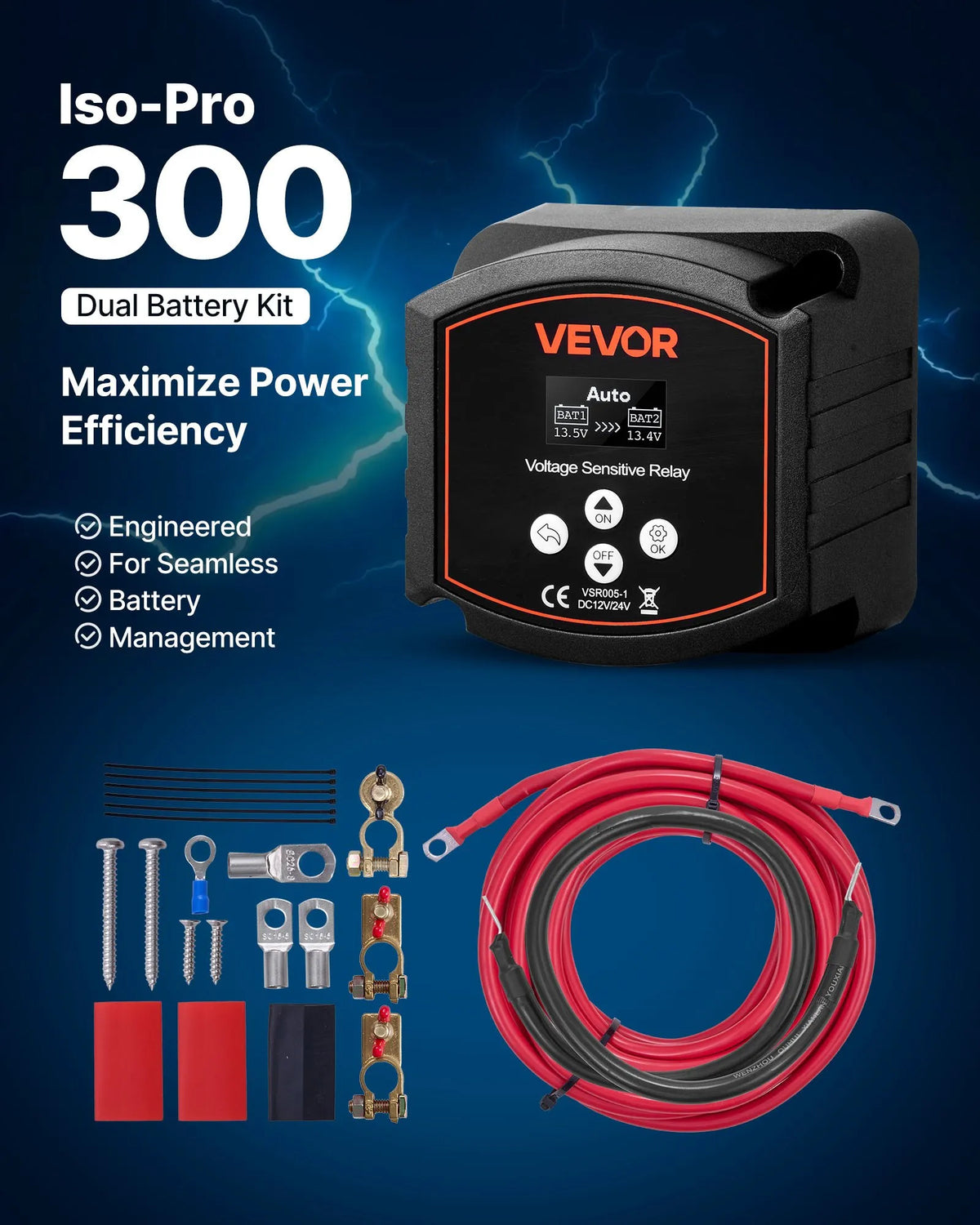 VEVOR divu akumulatoru izolatora komplekts 12 V 300 A ar manuālu un automātisku VSR sprieguma releju, voltmetru un LCD ekrānu, viedais akumulatoru izolators svina–skābes akumulatoriem UTV un ATV transportlīdzekļiem