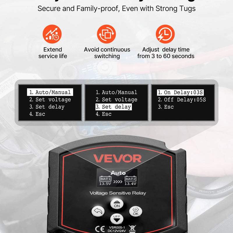 VEVOR divu akumulatoru izolatora komplekts 12 V 300 A ar manuālu un automātisku VSR sprieguma releju, voltmetru un LCD ekrānu, viedais akumulatoru izolators svina–skābes akumulatoriem UTV un ATV transportlīdzekļiem