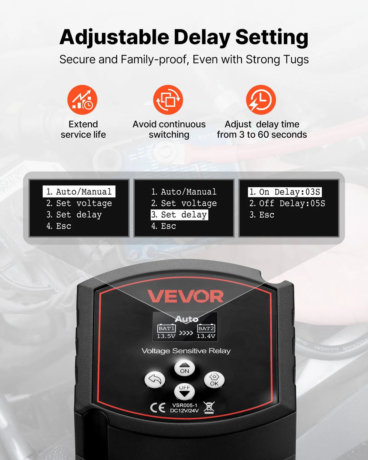 VEVOR divu akumulatoru izolatora komplekts 12 V 300 A ar manuālu un automātisku VSR sprieguma releju, voltmetru un LCD ekrānu, viedais akumulatoru izolators svina–skābes akumulatoriem UTV un ATV transportlīdzekļiem