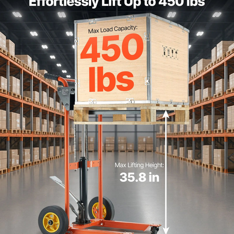 VEVOR hidrauliskais materiālu pacēlājs ar vinču 205 kg, palešu ratiņi ar dakšu pacelšanas galdu, 900 mm maksimālais pacelšanas augstums, salokāmi un pārvietojami palešu ratiņi, dzelteni/melni