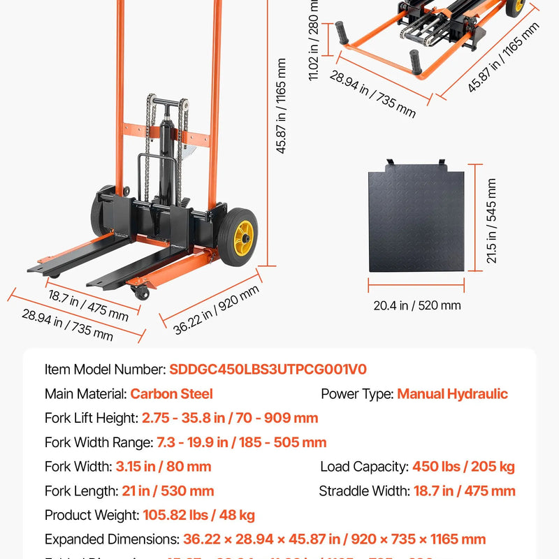 VEVOR hidrauliskais materiālu pacēlājs ar vinču 205 kg, palešu ratiņi ar dakšu pacelšanas galdu, 900 mm maksimālais pacelšanas augstums, salokāmi un pārvietojami palešu ratiņi, dzelteni/melni