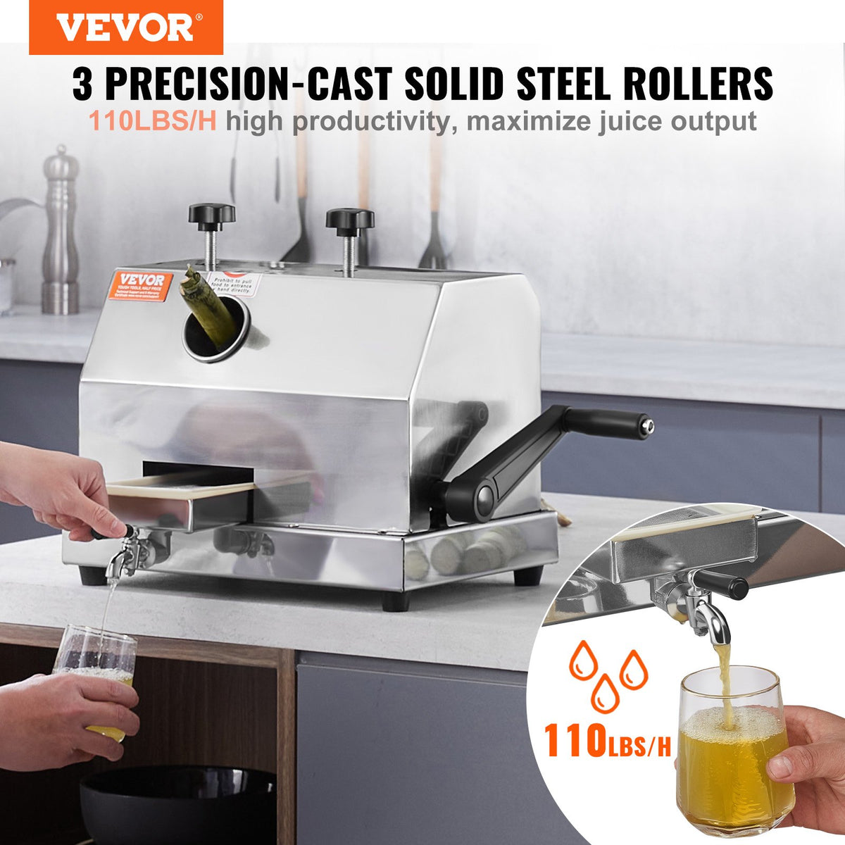 VEVOR kommerts suhkruroomahlapress 3 rulliga, 50 kg/h, 6 cm sisend