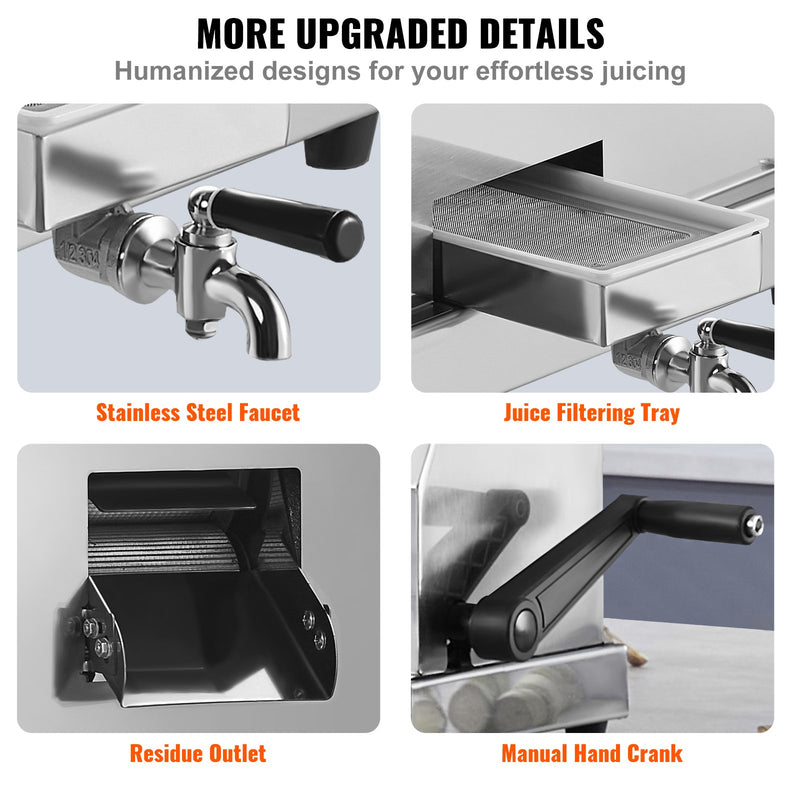 VEVOR komerciālā cukurniedru sulu spiede, 3 veltņi, 6 cm padeve, jauda 50 kg/h