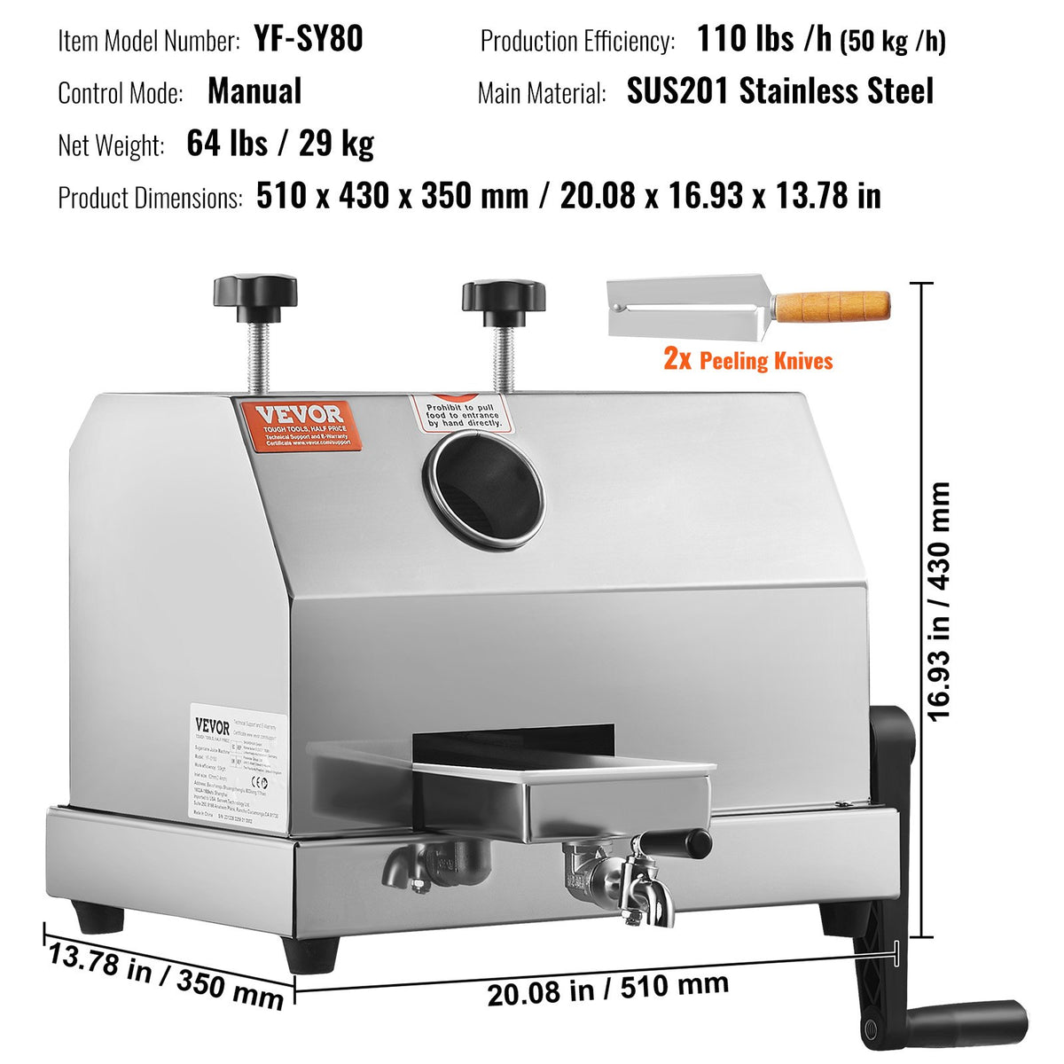 VEVOR kommerts suhkruroomahlapress 3 rulliga, 50 kg/h, 6 cm sisend