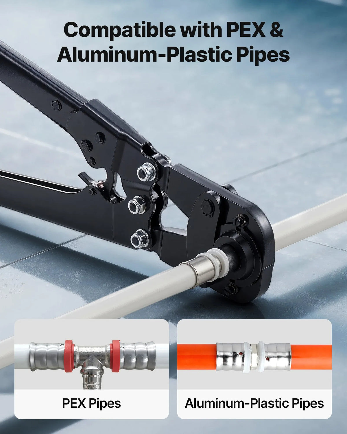 VEVOR Pipe Pressing Tool Kit for PEX and Aluminium-Plastic Pipes with TH12, TH16, TH20, TH26, TH32 Clamps, Flexible Handle, Compact Single-Port Presser with Storage Case for Pipe Repair and Installation