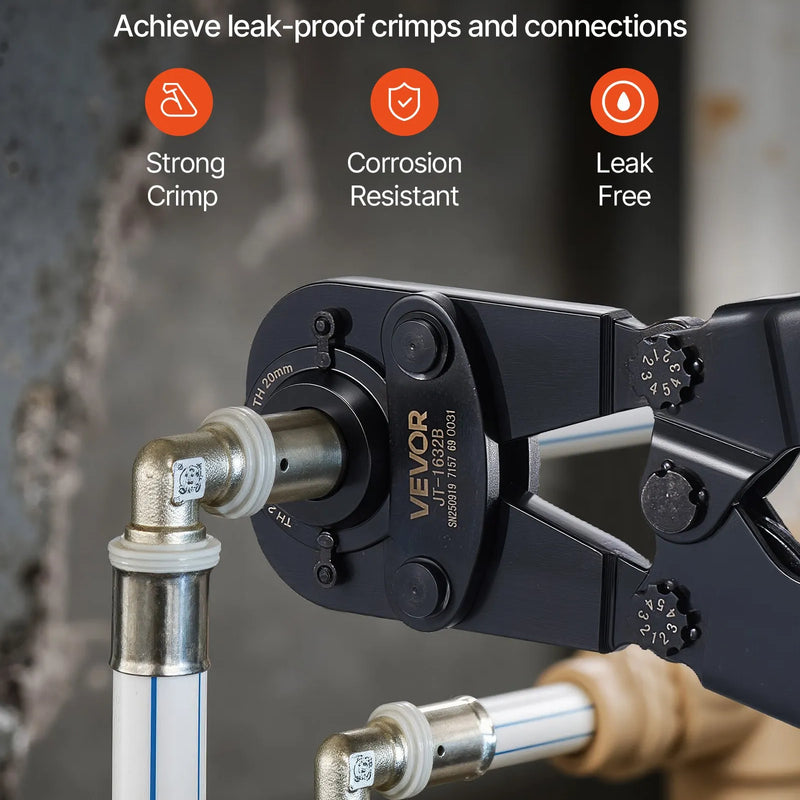 VEVOR cauruļu presēšanas instrumentu komplekts PEX un alumīnija–plastmasas caurulēm ar TH12, TH16, TH20, TH26, TH32 spīlēm, lokāmu rokturi, kompaktā viena porta presētājs ar uzglabāšanas koferi cauruļvadu remontam un uzstādīšanai