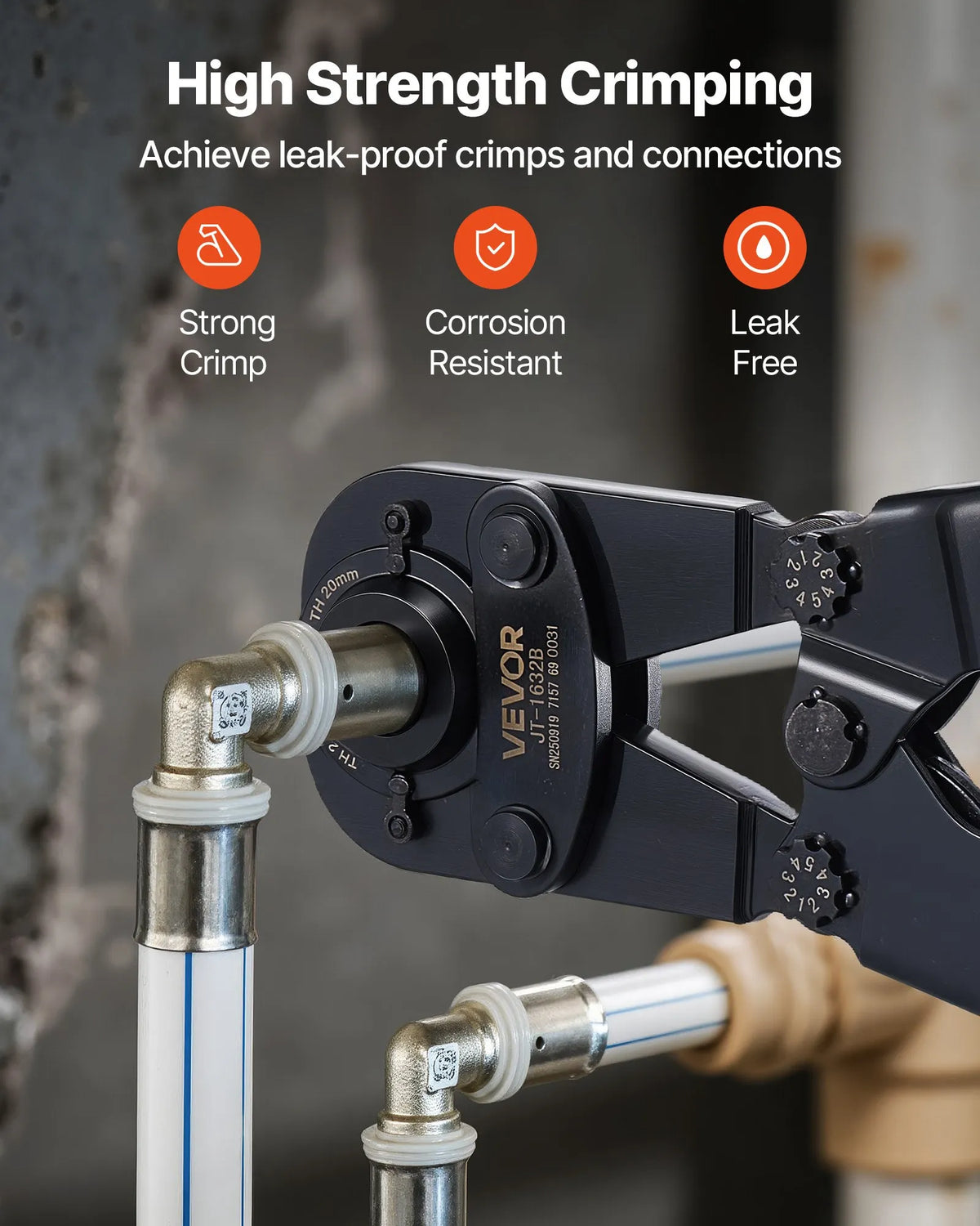 VEVOR Pipe Pressing Tool Kit for PEX and Aluminium-Plastic Pipes with TH12, TH16, TH20, TH26, TH32 Clamps, Flexible Handle, Compact Single-Port Presser with Storage Case for Pipe Repair and Installation