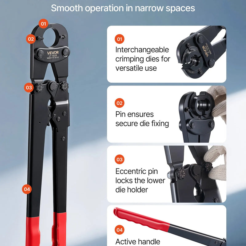 VEVOR cauruļu presēšanas instrumentu komplekts PEX un alumīnija–plastmasas caurulēm ar TH12, TH16, TH20, TH26, TH32 spīlēm, lokāmu rokturi, kompaktā viena porta presētājs ar uzglabāšanas koferi cauruļvadu remontam un uzstādīšanai