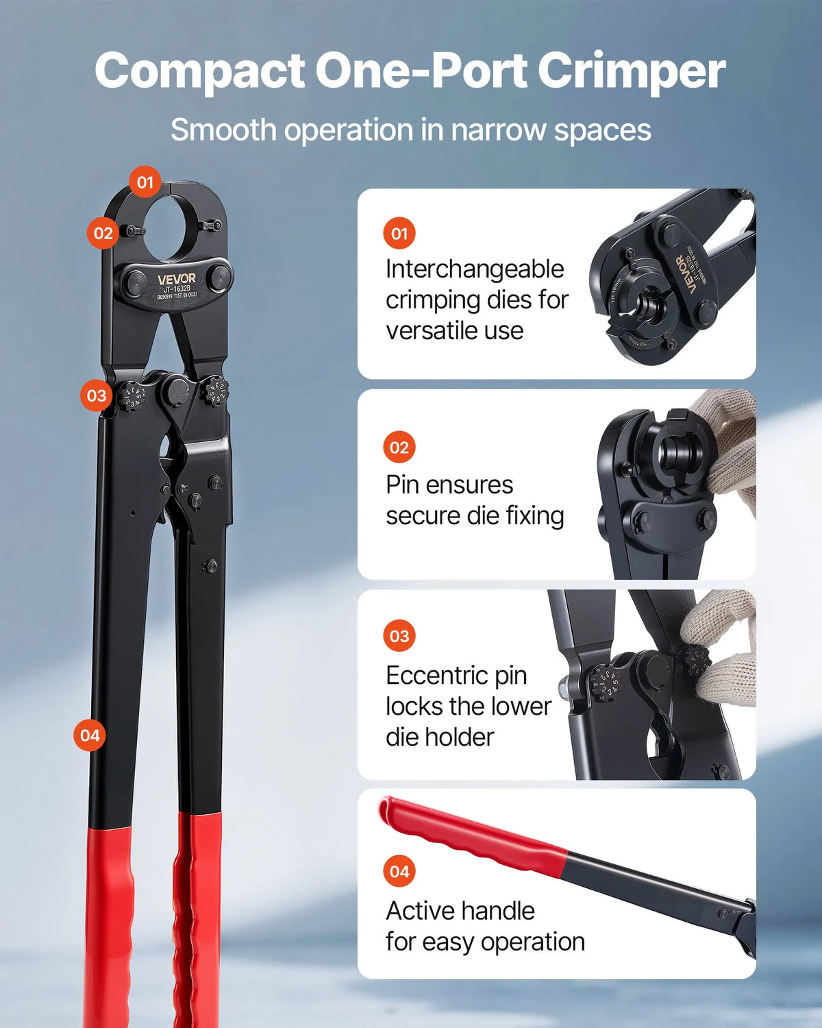 VEVOR Pipe Pressing Tool Kit for PEX and Aluminium-Plastic Pipes with TH12, TH16, TH20, TH26, TH32 Clamps, Flexible Handle, Compact Single-Port Presser with Storage Case for Pipe Repair and Installation