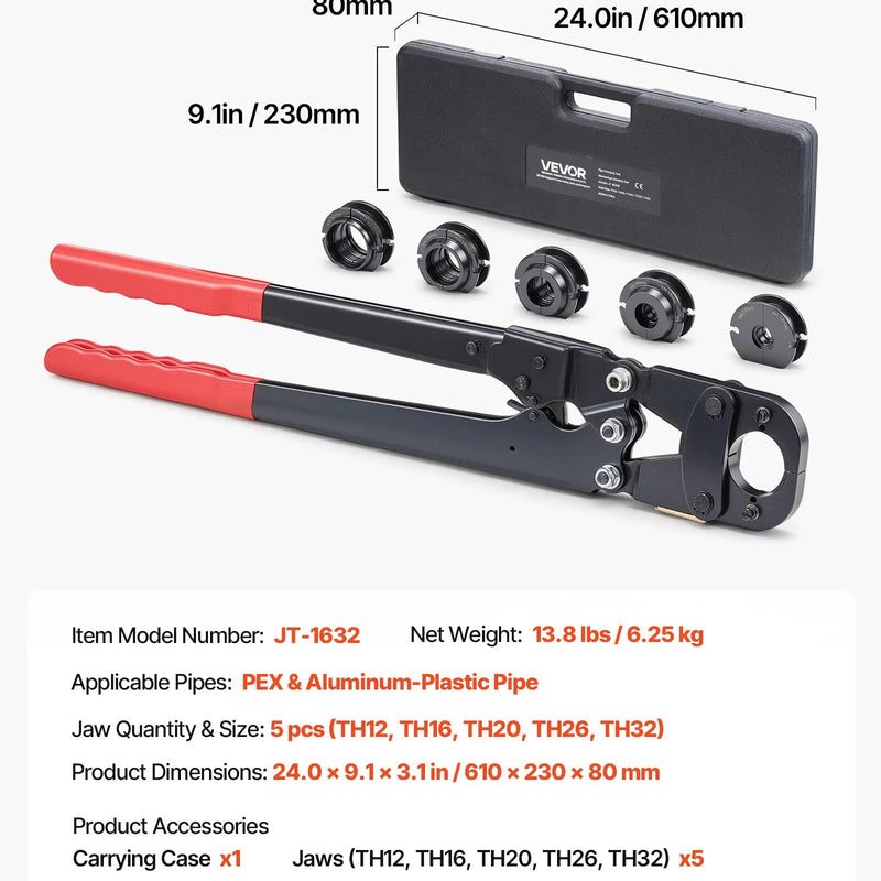 VEVOR cauruļu presēšanas instrumentu komplekts PEX un alumīnija–plastmasas caurulēm ar TH12, TH16, TH20, TH26, TH32 spīlēm, lokāmu rokturi, kompaktā viena porta presētājs ar uzglabāšanas koferi cauruļvadu remontam un uzstādīšanai