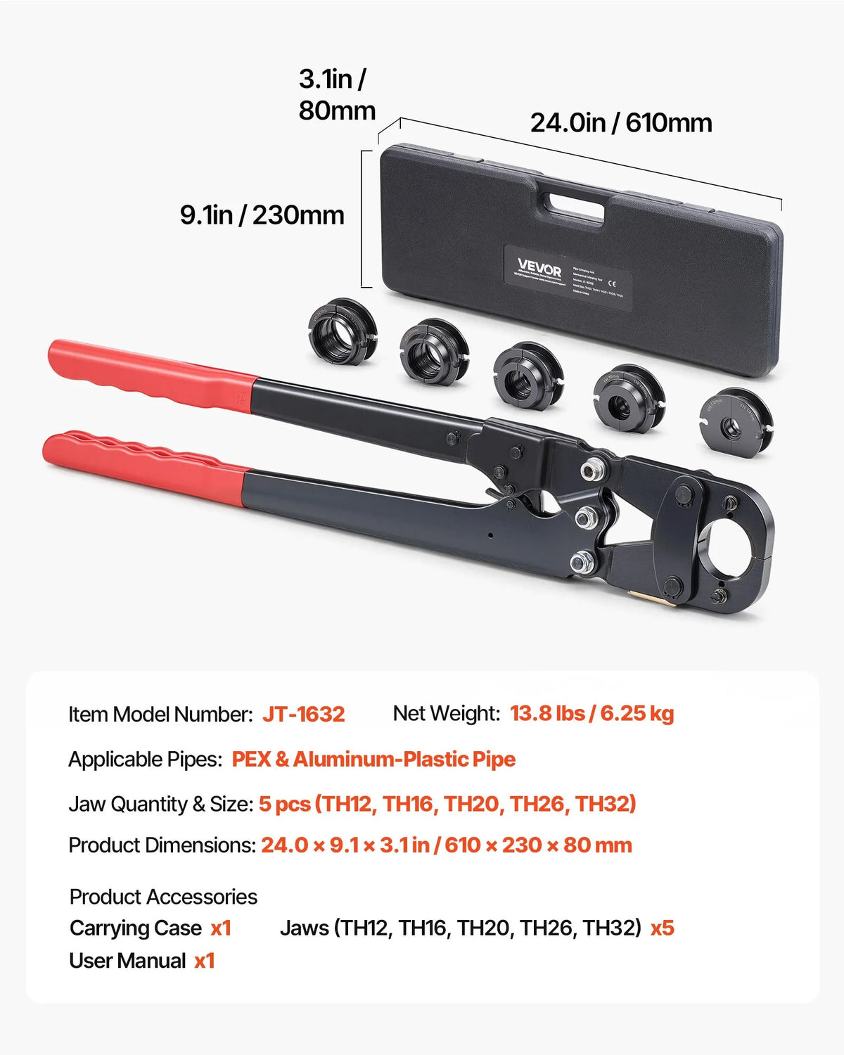 VEVOR Pipe Pressing Tool Kit for PEX and Aluminium-Plastic Pipes with TH12, TH16, TH20, TH26, TH32 Clamps, Flexible Handle, Compact Single-Port Presser with Storage Case for Pipe Repair and Installation
