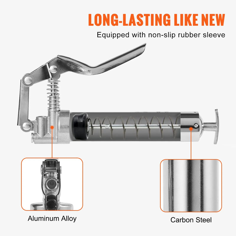 VEVOR Smērvielas pistole ar rokturi, 240 bar, 120 ml ietilpība, profesionāla pastiprinātas konstrukcijas, ar 295 mm elastīgo šļūteni, 2 melnām plakaniem savienotājiem, 1 pastiprinātu uzgali un 2 stingrām metāla caurulēm