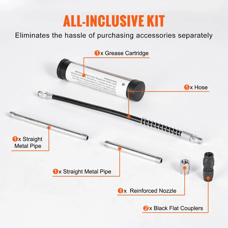 VEVOR Smērvielas pistole ar rokturi, 240 bar, 120 ml ietilpība, profesionāla pastiprinātas konstrukcijas, ar 295 mm elastīgo šļūteni, 2 melnām plakaniem savienotājiem, 1 pastiprinātu uzgali un 2 stingrām metāla caurulēm