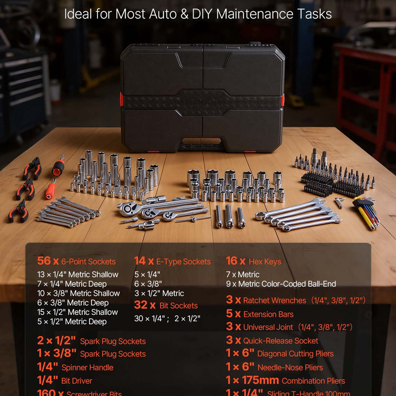 VEVOR 314 daļu mehāniķa instrumentu komplekts ar metriskajām uzgriežņu galvām, kombinētajām un sprūdrata atslēgām, sešstūra atslēgām, skrūvgriežu uzgaļiem un piederumiem, ar uzglabāšanas koferi auto un mājas remontam