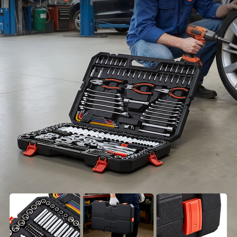 VEVOR 314 daļu mehāniķa instrumentu komplekts ar metriskajām uzgriežņu galvām, kombinētajām un sprūdrata atslēgām, sešstūra atslēgām, skrūvgriežu uzgaļiem un piederumiem, ar uzglabāšanas koferi auto un mājas remontam