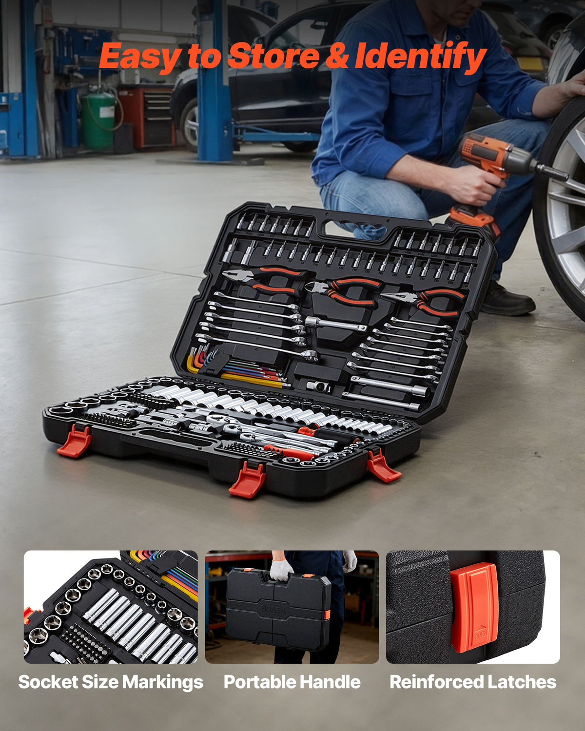 VEVOR 314 daļu mehāniķa instrumentu komplekts ar metriskajām uzgriežņu galvām, kombinētajām un sprūdrata atslēgām, sešstūra atslēgām, skrūvgriežu uzgaļiem un piederumiem, ar uzglabāšanas koferi auto un mājas remontam - ZEMLETES.LV