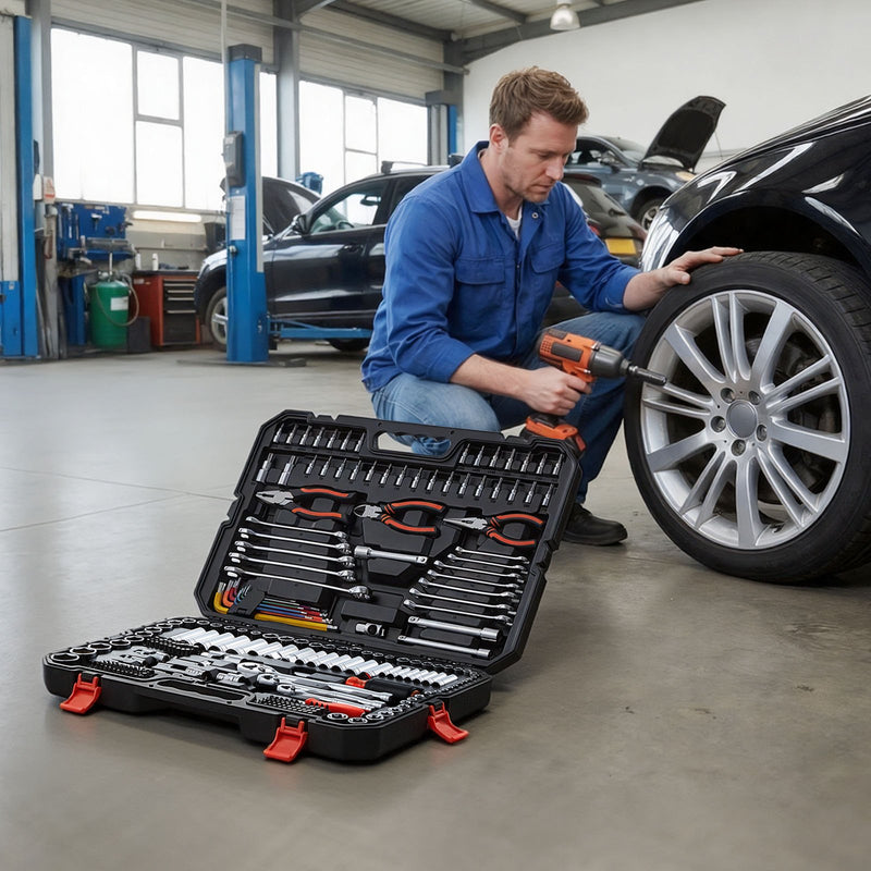 VEVOR 314 daļu mehāniķa instrumentu komplekts ar metriskajām uzgriežņu galvām, kombinētajām un sprūdrata atslēgām, sešstūra atslēgām, skrūvgriežu uzgaļiem un piederumiem, ar uzglabāšanas koferi auto un mājas remontam