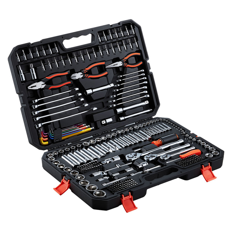 VEVOR 314 daļu mehāniķa instrumentu komplekts ar metriskajām uzgriežņu galvām, kombinētajām un sprūdrata atslēgām, sešstūra atslēgām, skrūvgriežu uzgaļiem un piederumiem, ar uzglabāšanas koferi auto un mājas remontam