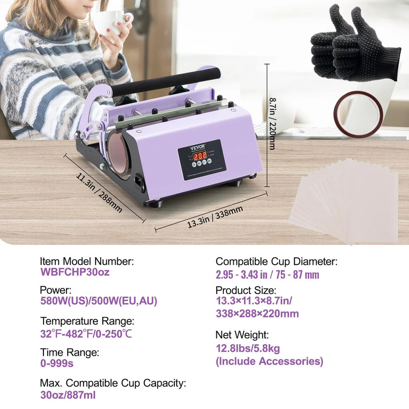 VEVOR termoprese sublimācijas krūzēm un termokrūzēm, 311,8–850,5 g, violeta