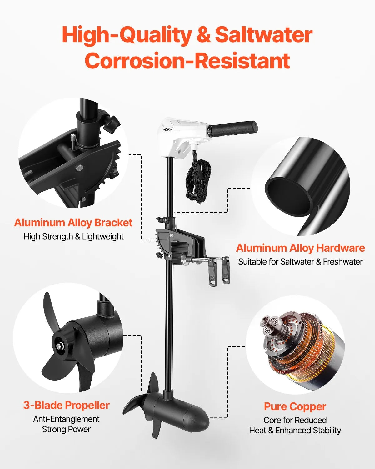 Электродвигатель для лодки VEVOR, 12 В, тяга 55 фунтов, 8 скоростей, с индикатором заряда аккумулятора, для каяков и рыболовных лодок, для пресной и морской воды, вал 76,2 см