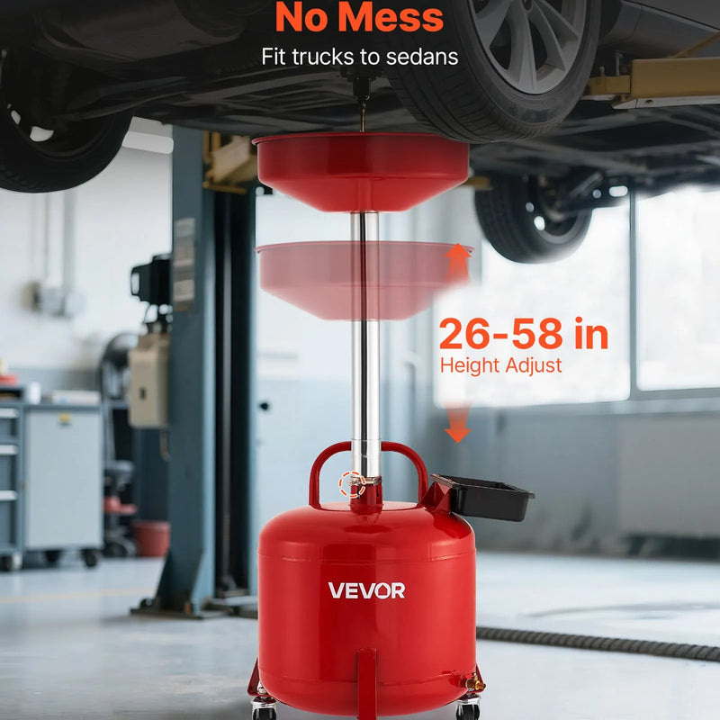 30 L eļļas noteces tvertne ar regulējamu piltuves augstumu, pārvietojama ar riteņiem un instrumentu kasti, šķidrumu un degvielas notecināšanai auto servisos, sarkana