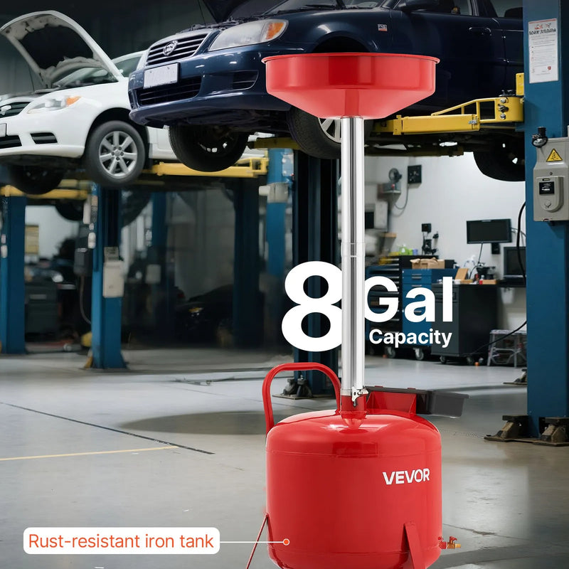 30 L eļļas noteces tvertne ar regulējamu piltuves augstumu, pārvietojama ar riteņiem un instrumentu kasti, šķidrumu un degvielas notecināšanai auto servisos, sarkana