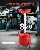 30 L eļļas noteces tvertne ar regulējamu piltuves augstumu, pārvietojama ar riteņiem un instrumentu kasti, šķidrumu un degvielas notecināšanai auto servisos, sarkana