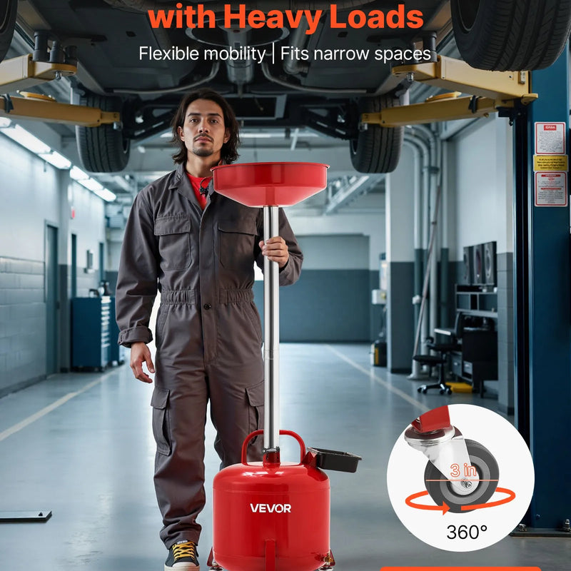 30 L eļļas noteces tvertne ar regulējamu piltuves augstumu, pārvietojama ar riteņiem un instrumentu kasti, šķidrumu un degvielas notecināšanai auto servisos, sarkana