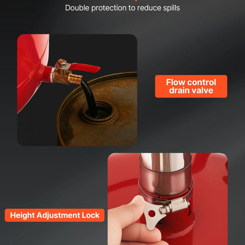 30 L eļļas noteces tvertne ar regulējamu piltuves augstumu, pārvietojama ar riteņiem un instrumentu kasti, šķidrumu un degvielas notecināšanai auto servisos, sarkana