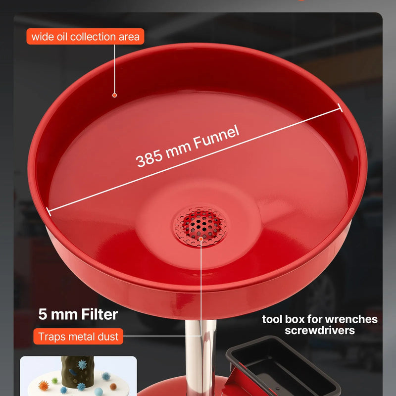 30 L eļļas noteces tvertne ar regulējamu piltuves augstumu, pārvietojama ar riteņiem un instrumentu kasti, šķidrumu un degvielas notecināšanai auto servisos, sarkana