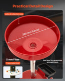 30 L eļļas noteces tvertne ar regulējamu piltuves augstumu, pārvietojama ar riteņiem un instrumentu kasti, šķidrumu un degvielas notecināšanai auto servisos, sarkana