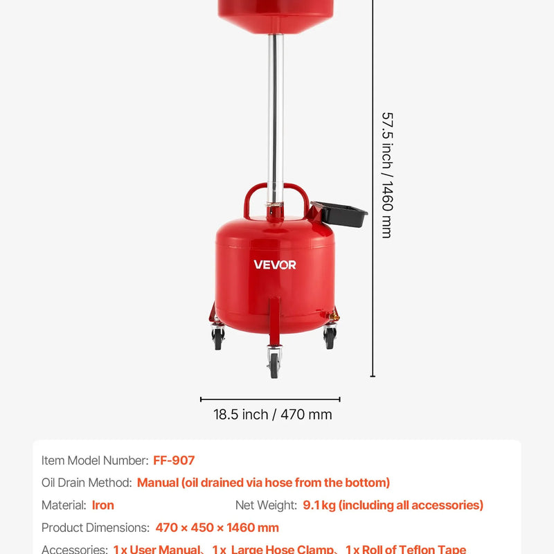 30 L eļļas noteces tvertne ar regulējamu piltuves augstumu, pārvietojama ar riteņiem un instrumentu kasti, šķidrumu un degvielas notecināšanai auto servisos, sarkana