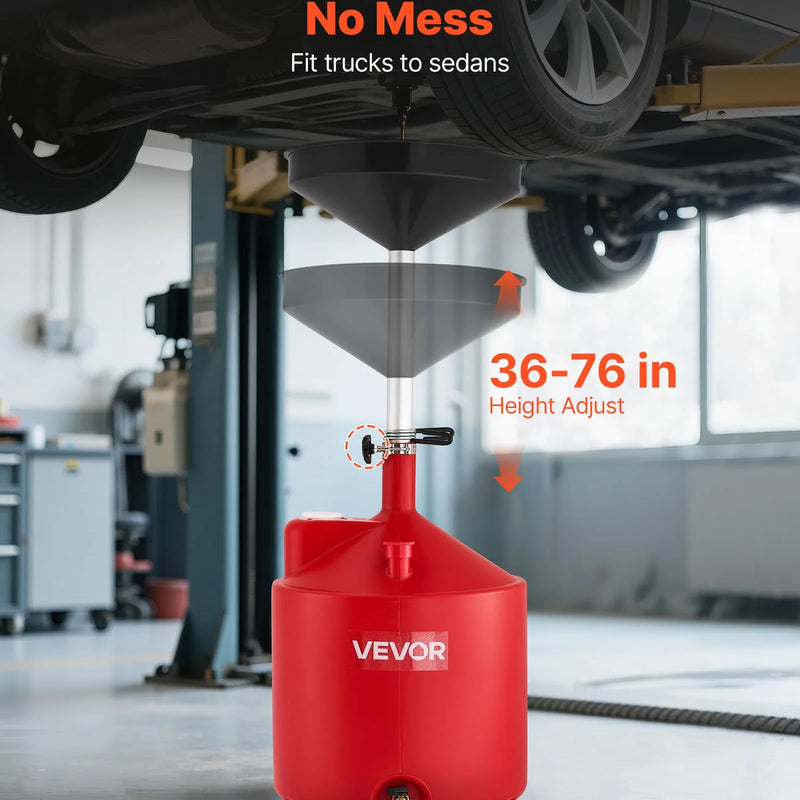 Atkritumeļļas savākšanas tvertne 68 L, regulējama piltuves augstuma eļļas noteces tvertne ar riteņiem, pārnēsājama industriālā šķidrumu savākšanas un pārsūknēšanas iekārta auto darbnīcām un garāžām, sarkana