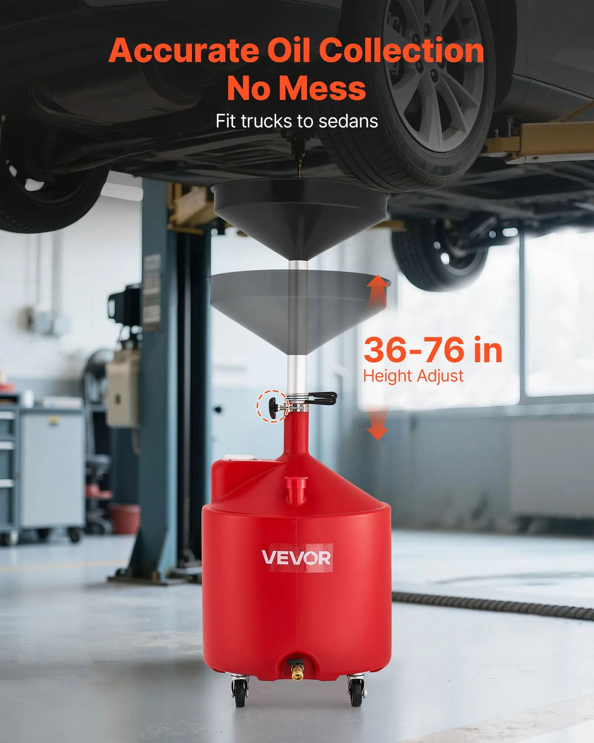VEVOR 68 L Oil Drain Tank with Adjustable Funnel Height, Mobile Design with Wheels, for Oil and Fluid Drainage in Auto Repair Shops and Garages, Red