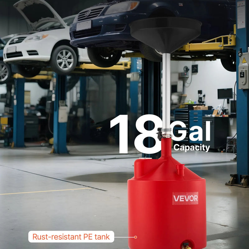 Atkritumeļļas savākšanas tvertne 68 L, regulējama piltuves augstuma eļļas noteces tvertne ar riteņiem, pārnēsājama industriālā šķidrumu savākšanas un pārsūknēšanas iekārta auto darbnīcām un garāžām, sarkana