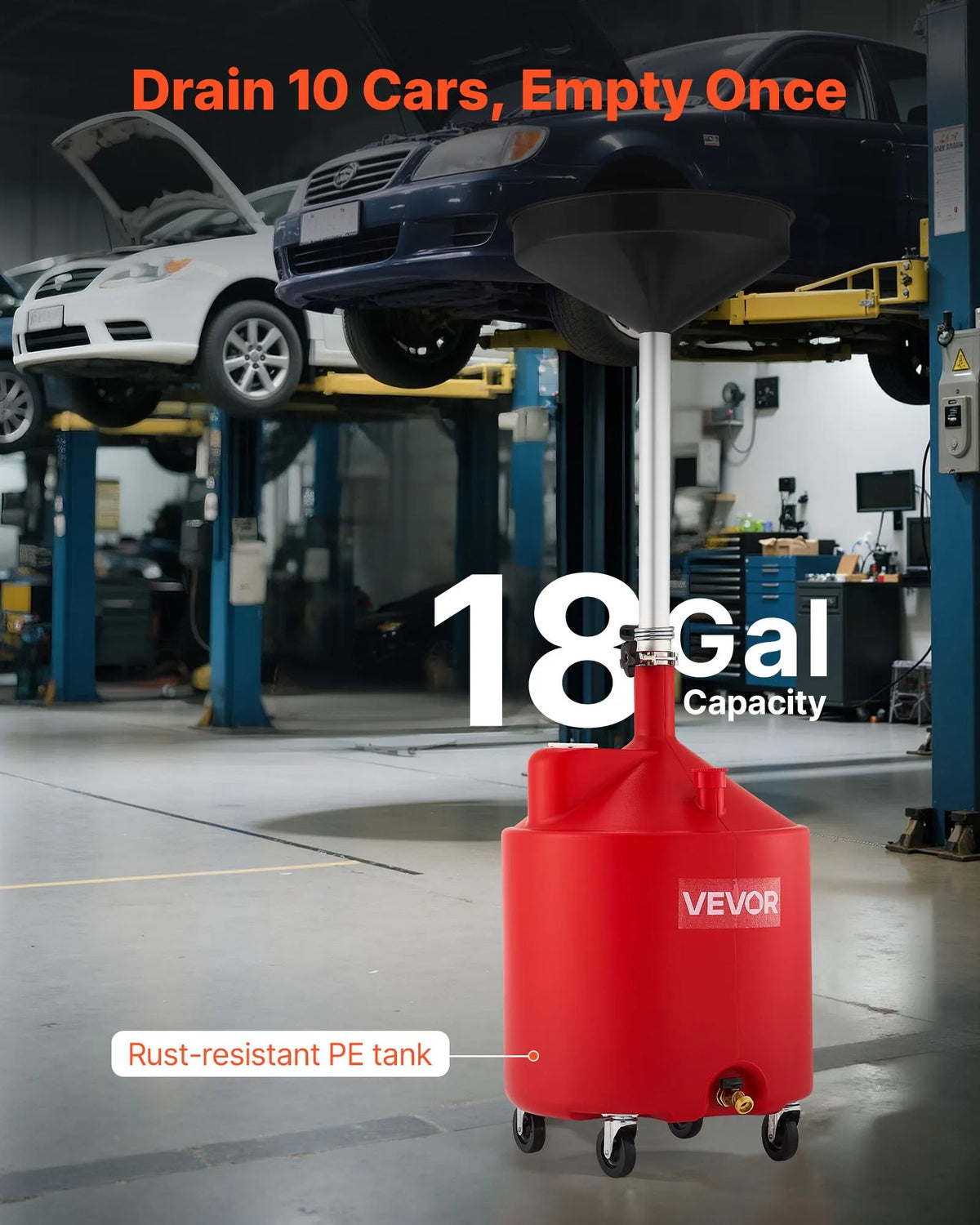 VEVOR 68 L Oil Drain Tank with Adjustable Funnel Height, Mobile Design with Wheels, for Oil and Fluid Drainage in Auto Repair Shops and Garages, Red