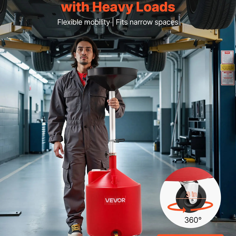 Atkritumeļļas savākšanas tvertne 68 L, regulējama piltuves augstuma eļļas noteces tvertne ar riteņiem, pārnēsājama industriālā šķidrumu savākšanas un pārsūknēšanas iekārta auto darbnīcām un garāžām, sarkana