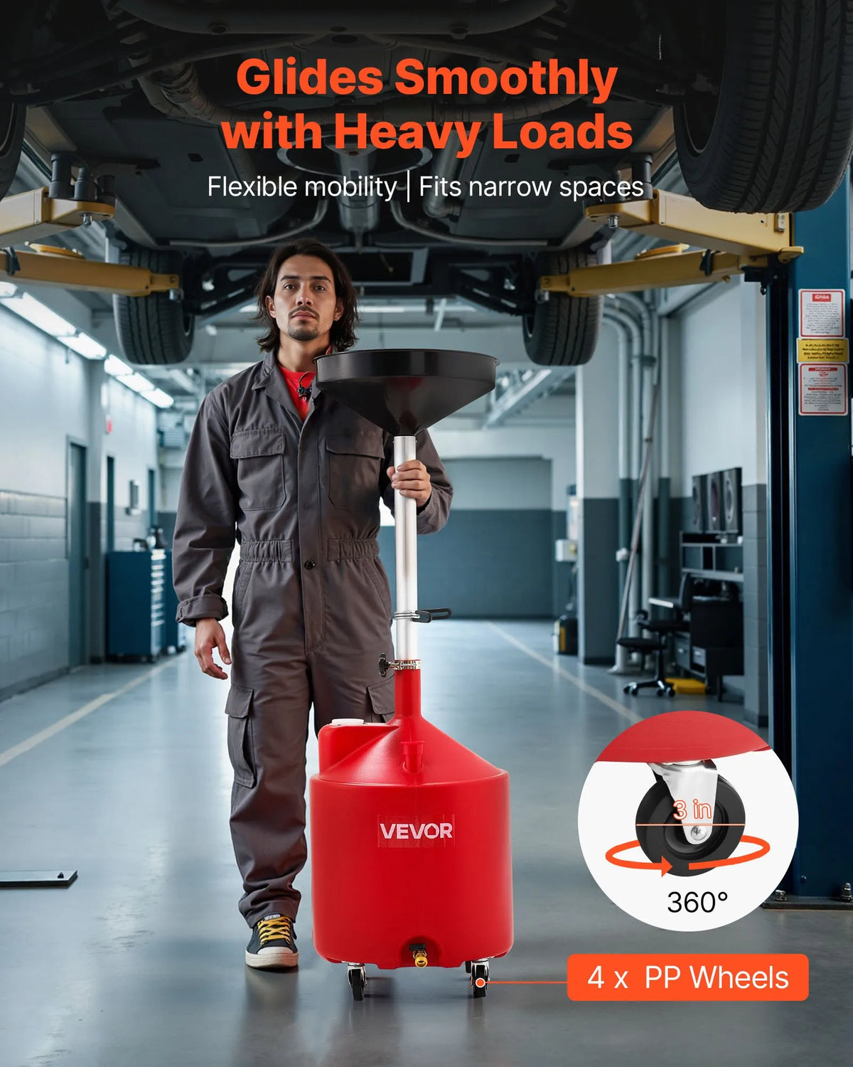 VEVOR 68 L Oil Drain Tank with Adjustable Funnel Height, Mobile Design with Wheels, for Oil and Fluid Drainage in Auto Repair Shops and Garages, Red