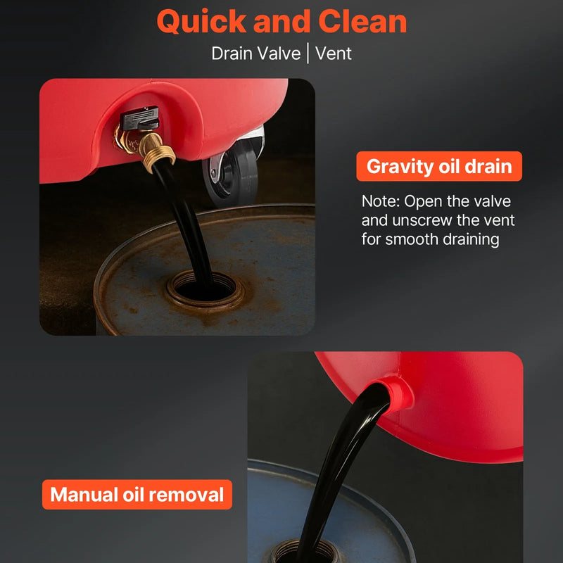 Atkritumeļļas savākšanas tvertne 68 L, regulējama piltuves augstuma eļļas noteces tvertne ar riteņiem, pārnēsājama industriālā šķidrumu savākšanas un pārsūknēšanas iekārta auto darbnīcām un garāžām, sarkana