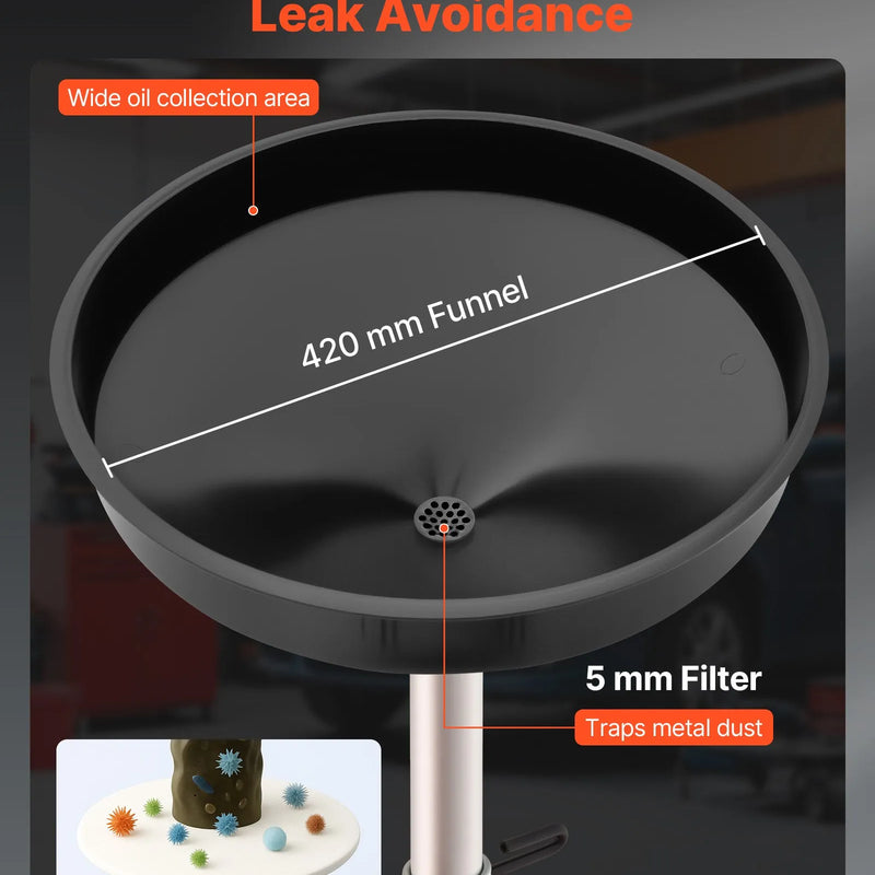 Atkritumeļļas savākšanas tvertne 68 L, regulējama piltuves augstuma eļļas noteces tvertne ar riteņiem, pārnēsājama industriālā šķidrumu savākšanas un pārsūknēšanas iekārta auto darbnīcām un garāžām, sarkana