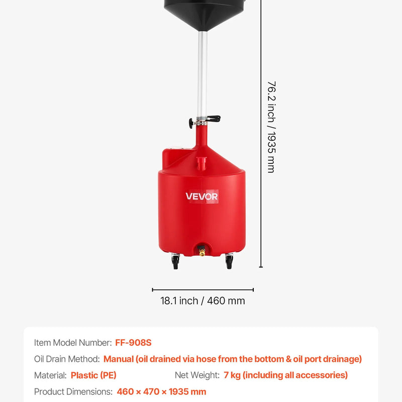 Atkritumeļļas savākšanas tvertne 68 L, regulējama piltuves augstuma eļļas noteces tvertne ar riteņiem, pārnēsājama industriālā šķidrumu savākšanas un pārsūknēšanas iekārta auto darbnīcām un garāžām, sarkana