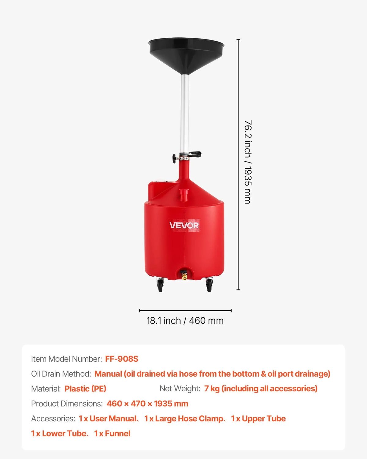 VEVOR 68 L Oil Drain Tank with Adjustable Funnel Height, Mobile Design with Wheels, for Oil and Fluid Drainage in Auto Repair Shops and Garages, Red